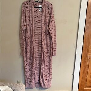 Forever 21 Nude Pink Open Knit Hooded Cardigan Duster Size L NWT